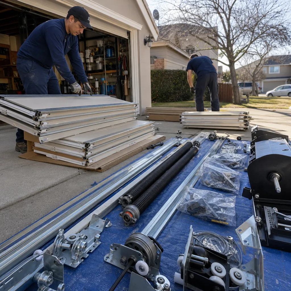 Professional technician installing a new garage door with organized parts on-site