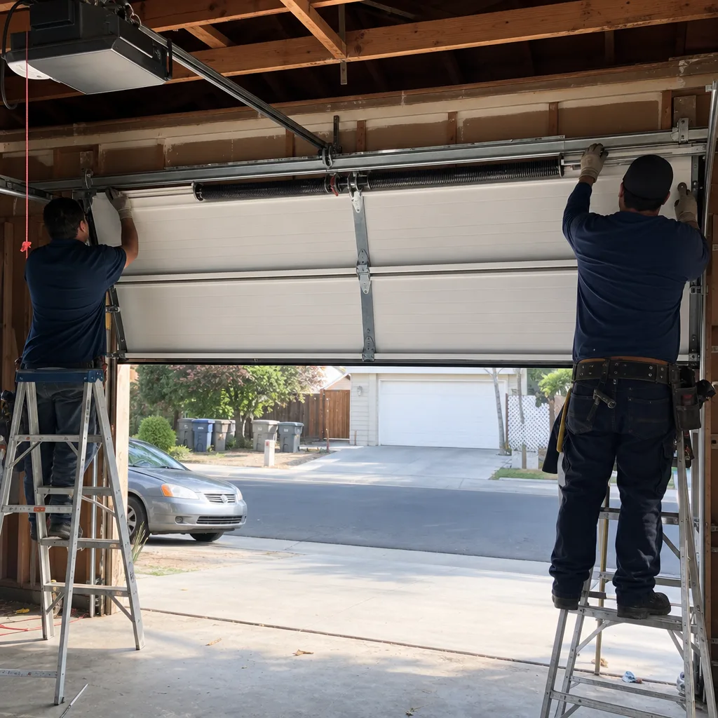 Two professional technicians installing a new residential garage door