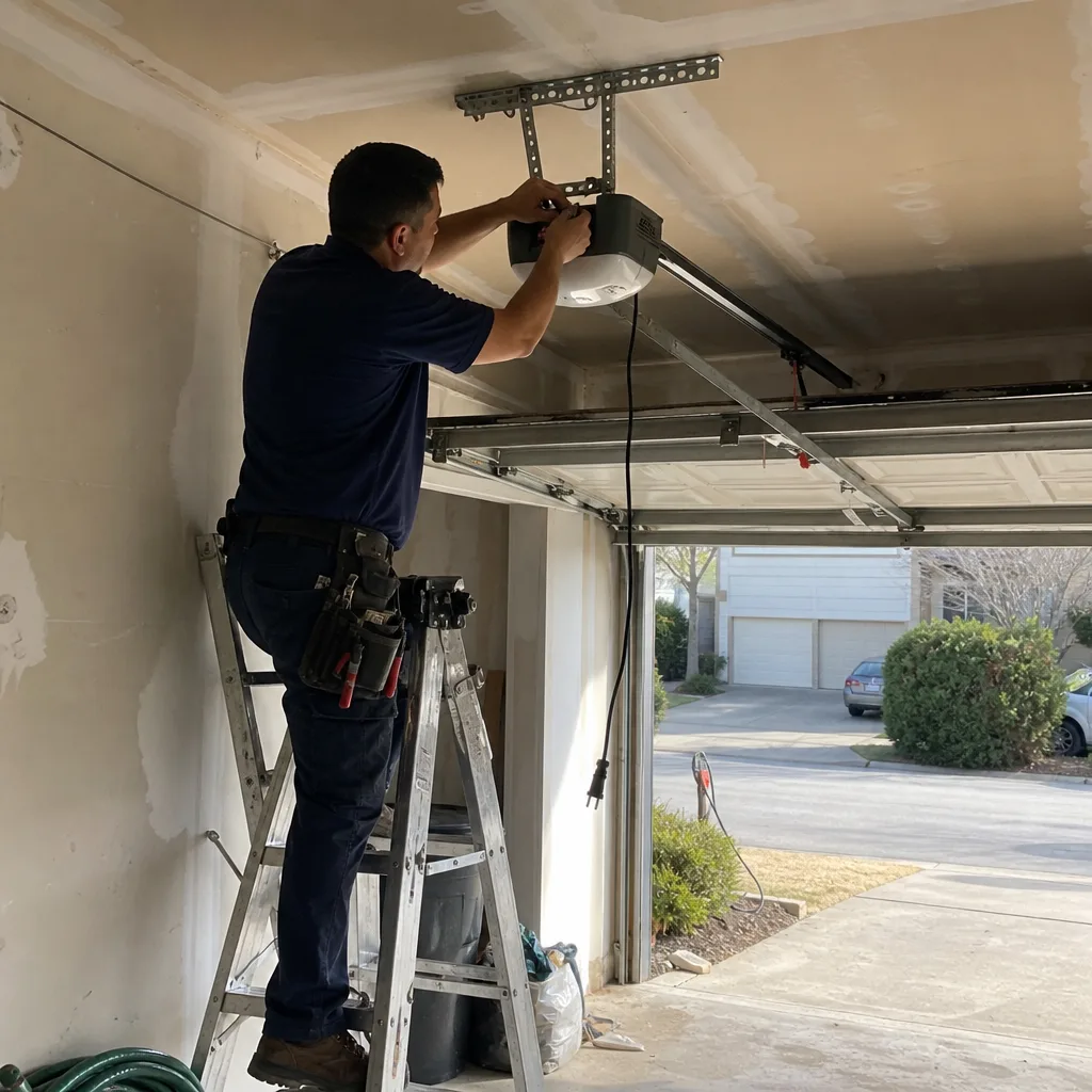 Technician performing professional garage door opener repair and installation