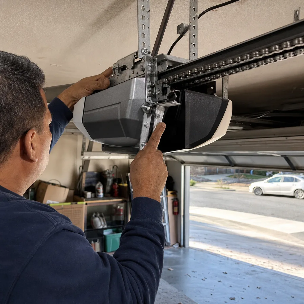 Technician performing professional garage door opener repair and installation.