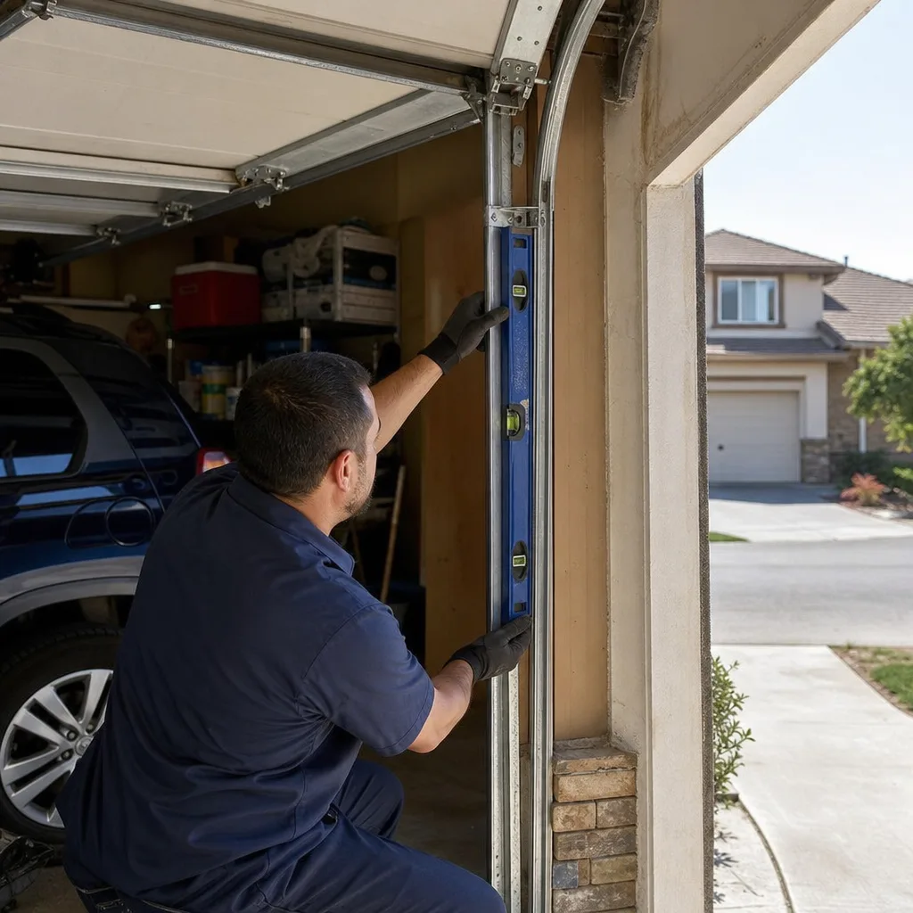 Technician using a level to align a garage door track