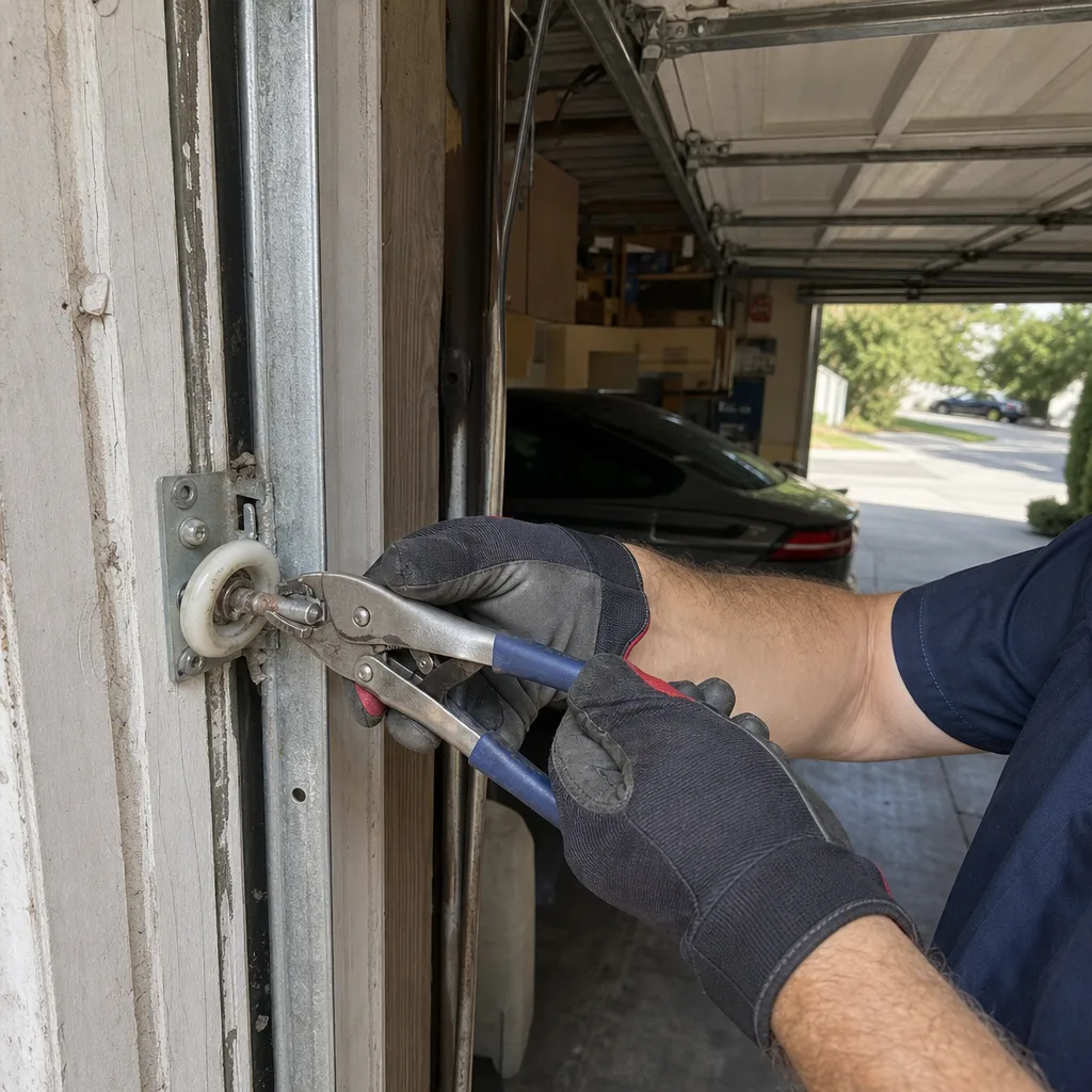 Technician using pliers to perform garage door roller repair